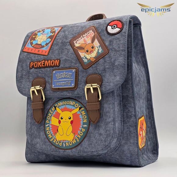 Loungefly Pokémon Pikachu Eevee Squirtle Patches Blue Denim Mini Backpack Bag - Picture 3 of 11